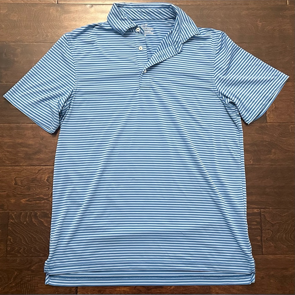 Men’s Vineyard Vines Blue/White Striped Performance Golf Polo- Size Medium